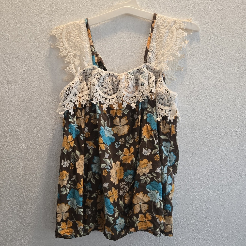 Boho Floral‎ Tank Top Lace Crochet Shoulders Tie Back Rayon Blouse Womens S